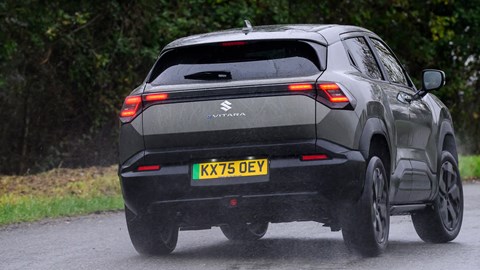 Suzuki eVitara review, driving rear three quarters