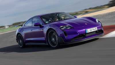 Porsche Taycan Turbo GT review - Purple Sky Metallic, Weissach package, front view, driving on track