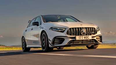 Mercedes-AMG A45 S review - facelift, front, driving, white, low