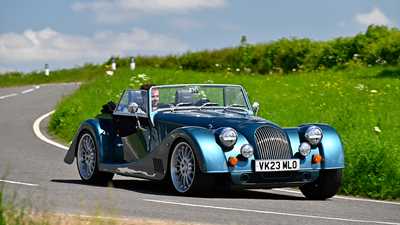 Morgan Plus Six review - front, blue, driving, exclusive Bauer image